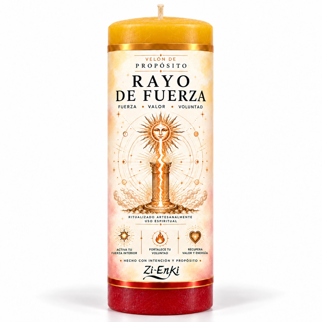 Velón Rayo de Fuerza de Zi-Enki con etiqueta ilustrada de sol, rayo y columnas