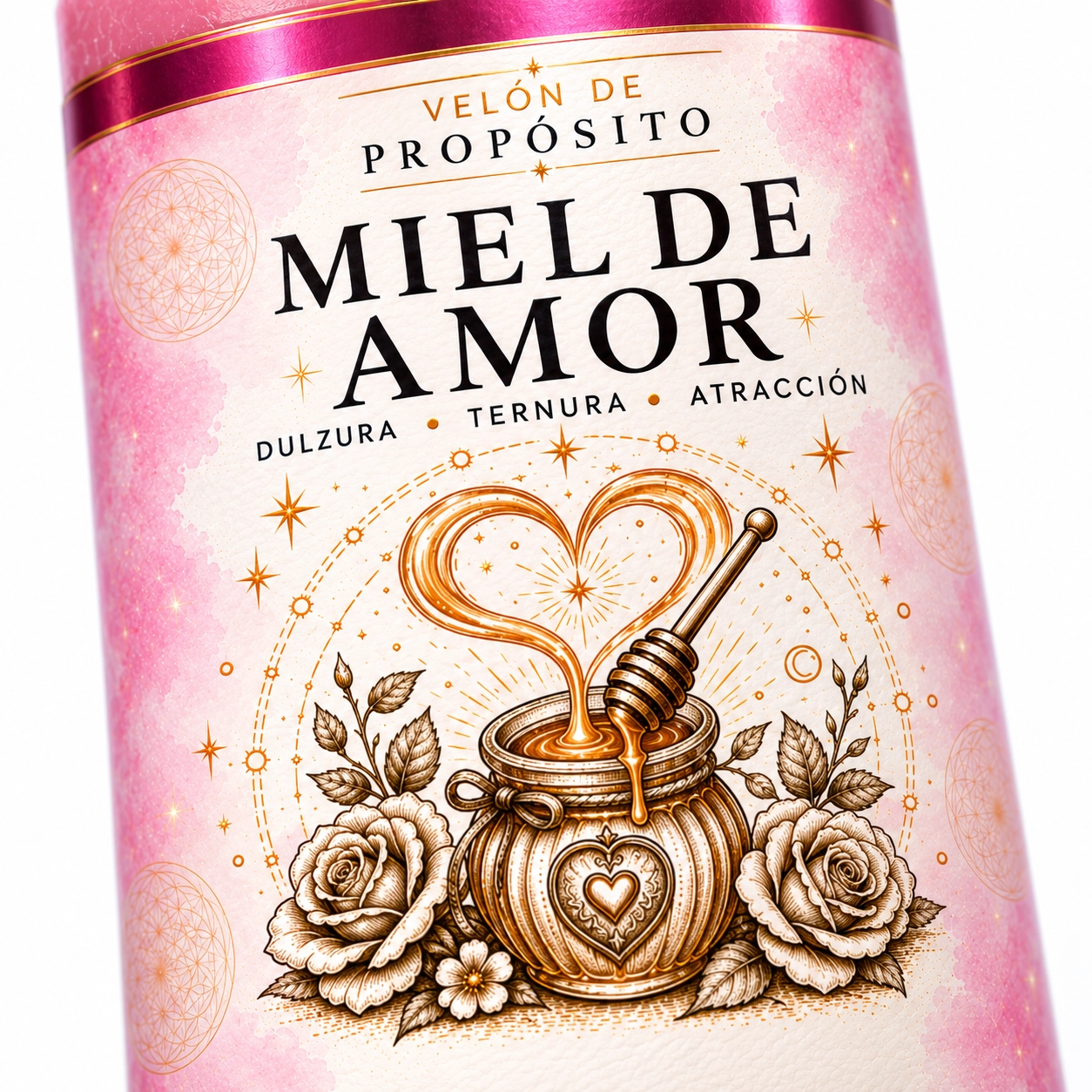 Detalle macro de Miel de Amor-3 Velón Miel de Amor de Zi-Enki con su etiqueta original de un tarro de miel, un corazón y rosas
