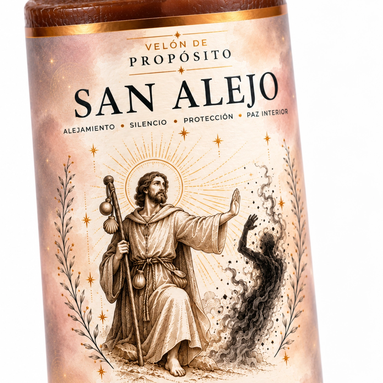 Detalle macro de la vela San Alejo-3 Velón marrón de San Alejo de Zi-Enki con etiqueta ilustrada