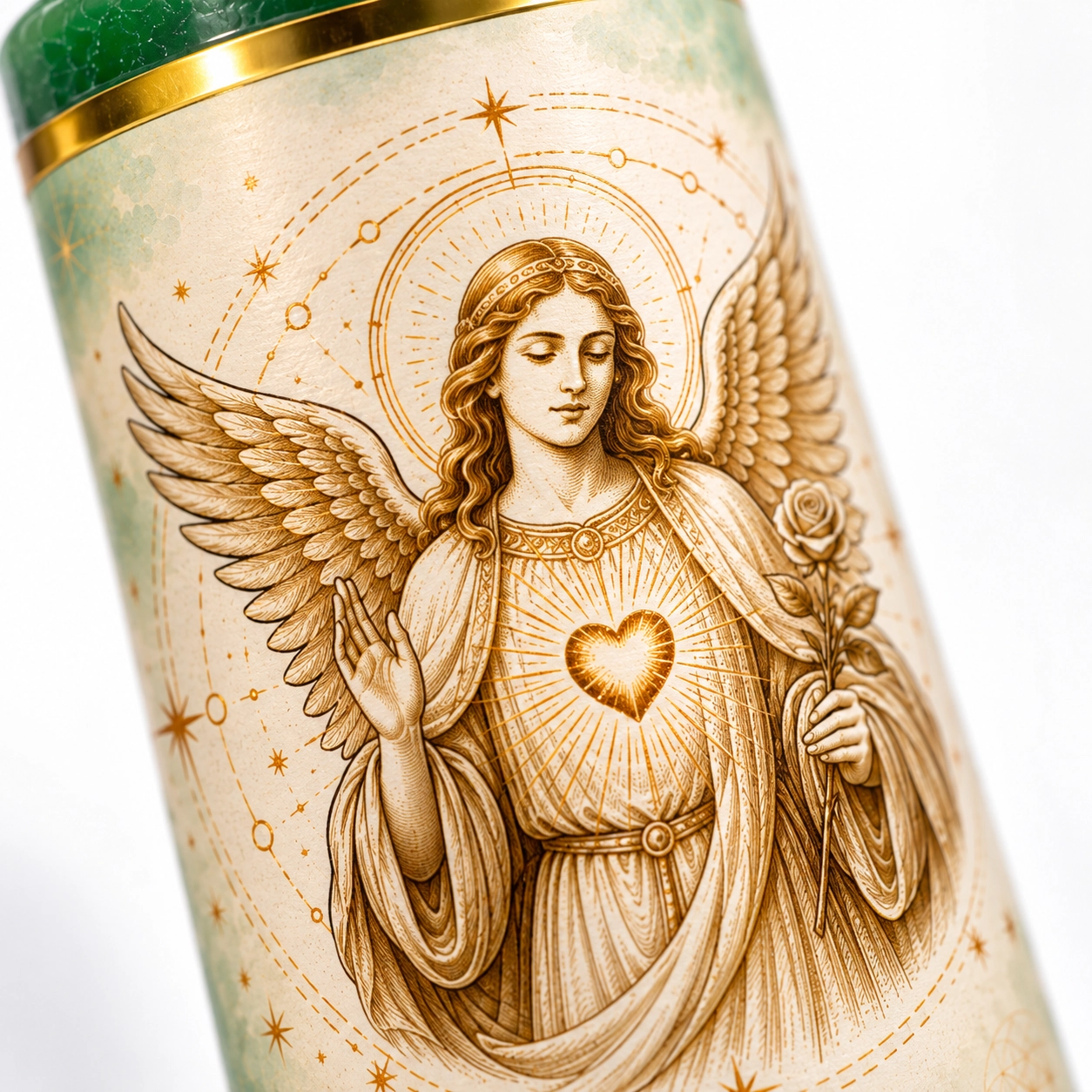 Detalle macro oblicuo del ángel ANAEL-3 Velón de Anael verde con etiqueta ilustrada de amor, armonía y dulzura