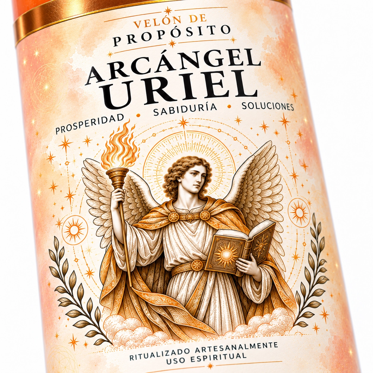 Velón Arcángel Uriel – Zi-Enki Velón Arcángel Uriel de Zi-Enki con etiqueta ilustrada del arcángel con antorcha y libro abierto