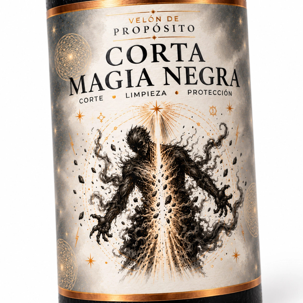 Etiqueta de vela, silueta y rayo dorado-3 Velón negro Corta Magia Negra de Zi-Enki con etiqueta ilustrada