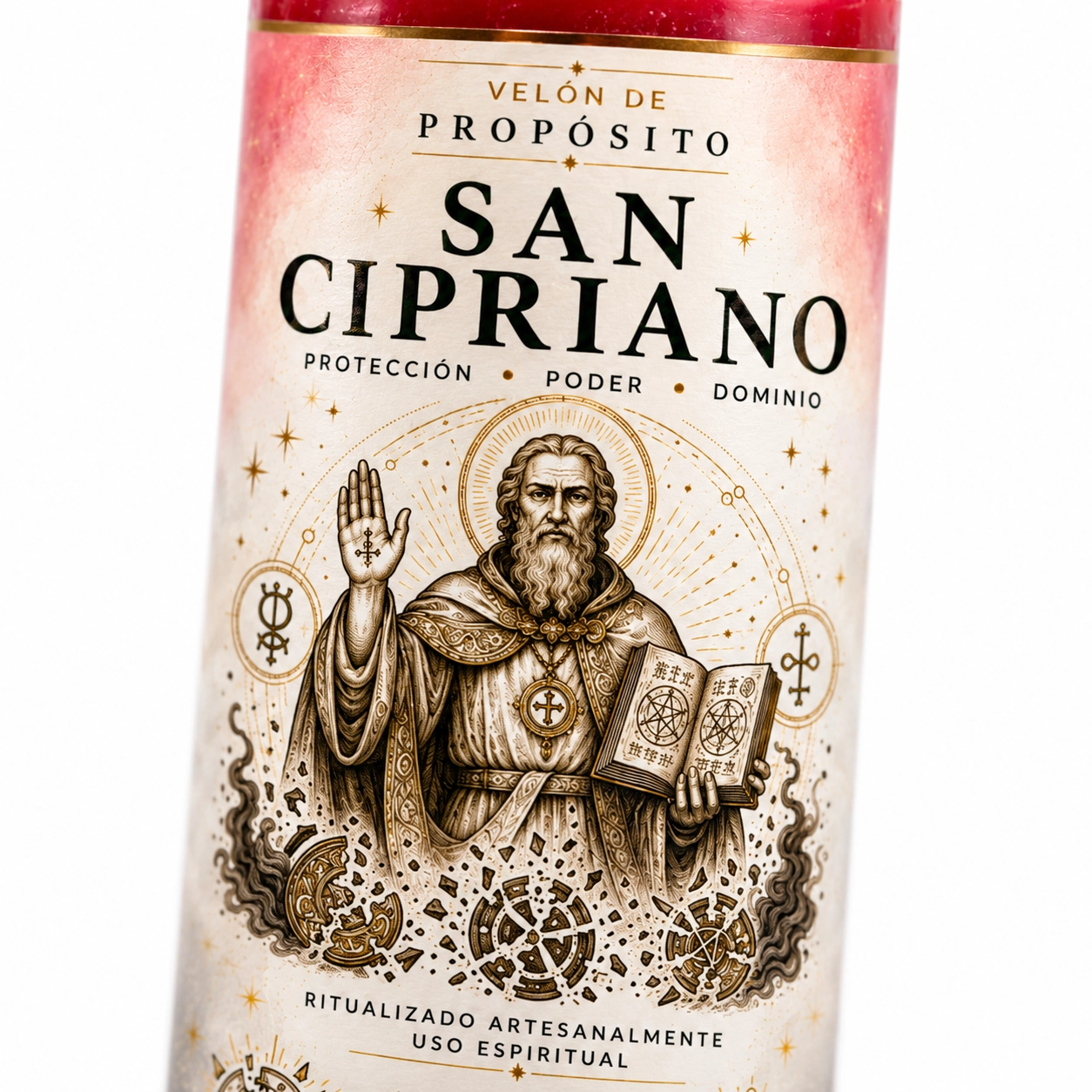 Primer plano de etiqueta San Cipriano-3 Velón de San Cipriano con cera roja, blanca y negra y etiqueta de Zi-Enki