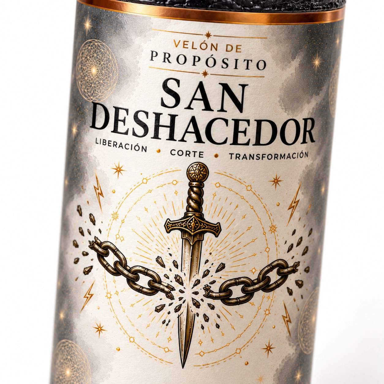 San Deshacedor_ espada dorada rompe cadenas-3 Velón negro de San Deshacedor de Zi-Enki con una espada rompiendo cadenas en la etiqueta