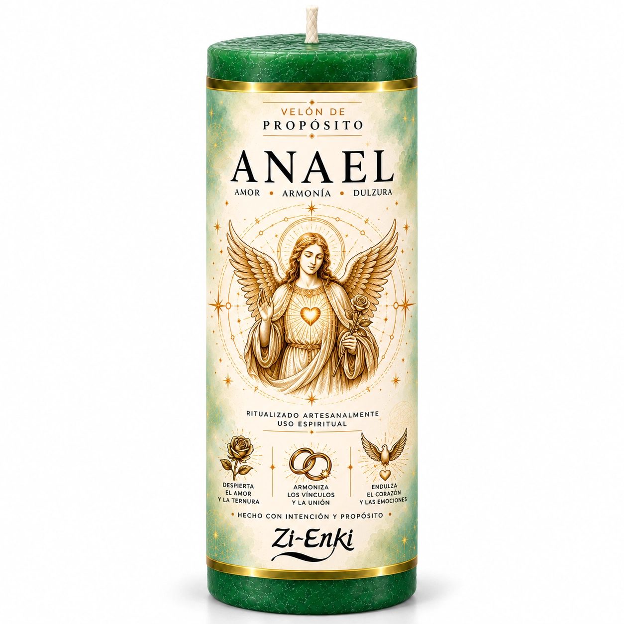 Velón de Anael verde con etiqueta ilustrada de amor, armonía y dulzura