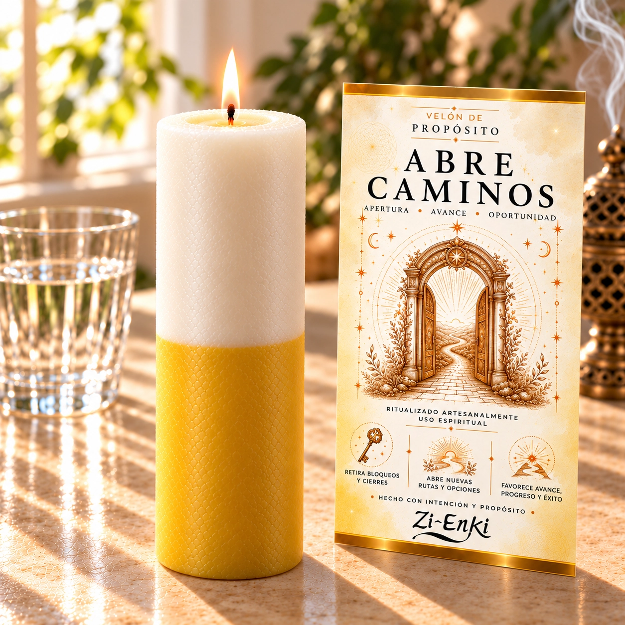 Vela Abre Caminos en luz cálida-5 Velón Abre Caminos con etiqueta ilustrada de una puerta abierta y un sendero hacia el horizonte