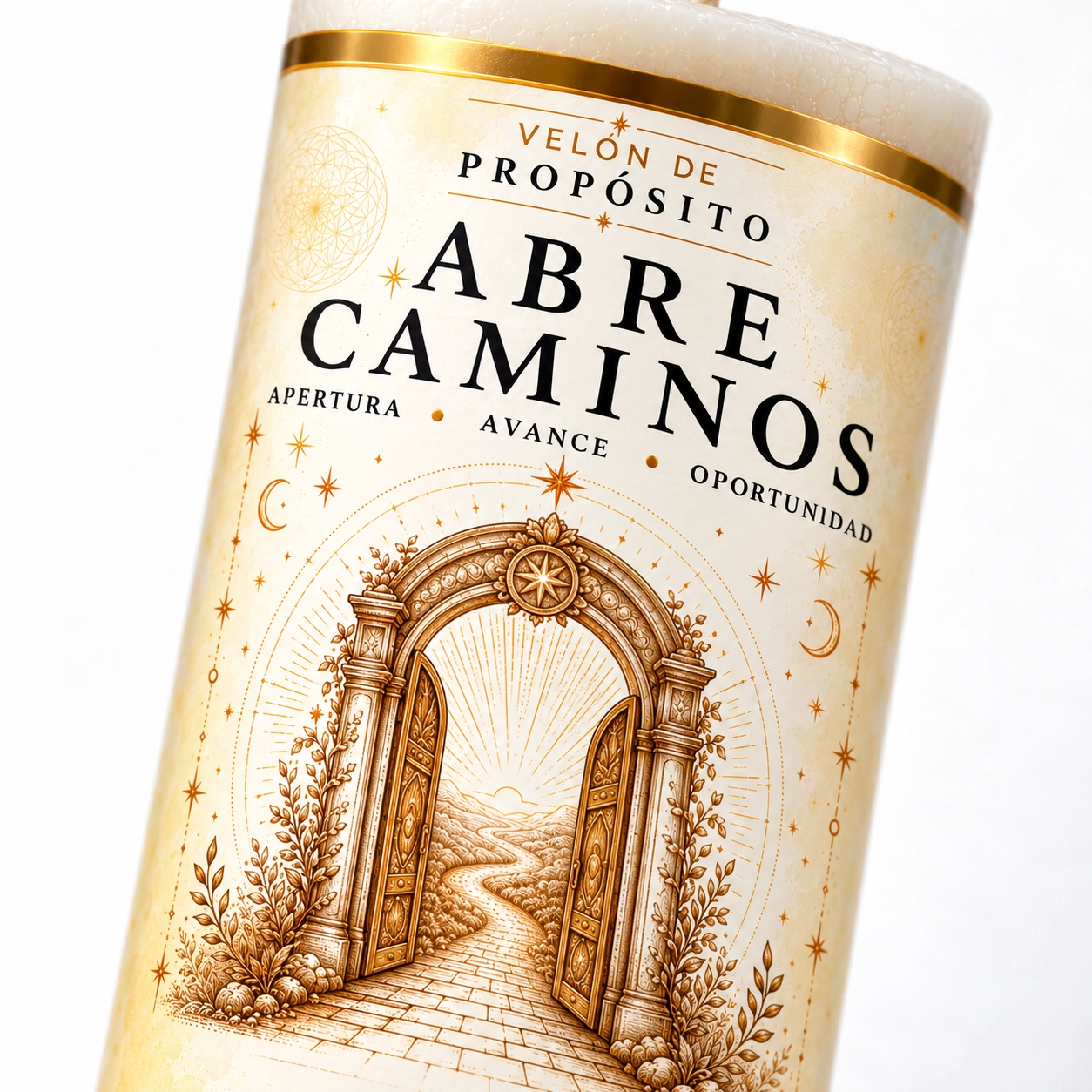 Vela Abre Caminos en primer plano-4 Velón Abre Caminos con etiqueta ilustrada de una puerta abierta y un sendero hacia el horizonte