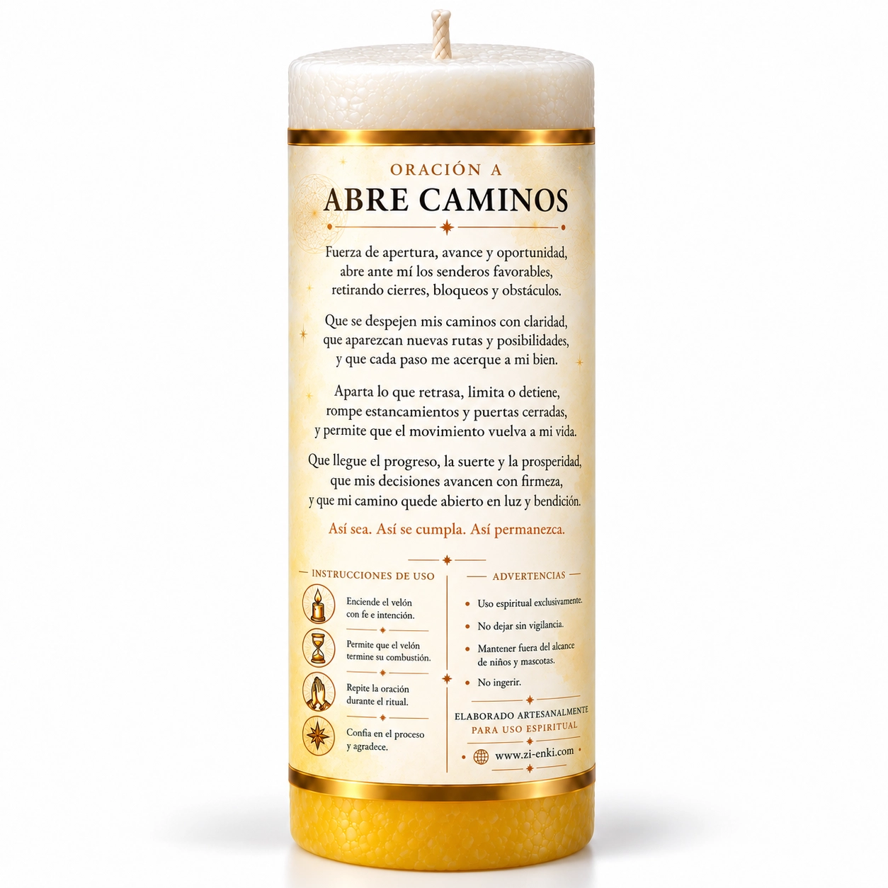 Vela Abre Caminos, vista trasera-2 Velón Abre Caminos con etiqueta ilustrada de una puerta abierta y un sendero hacia el horizonte