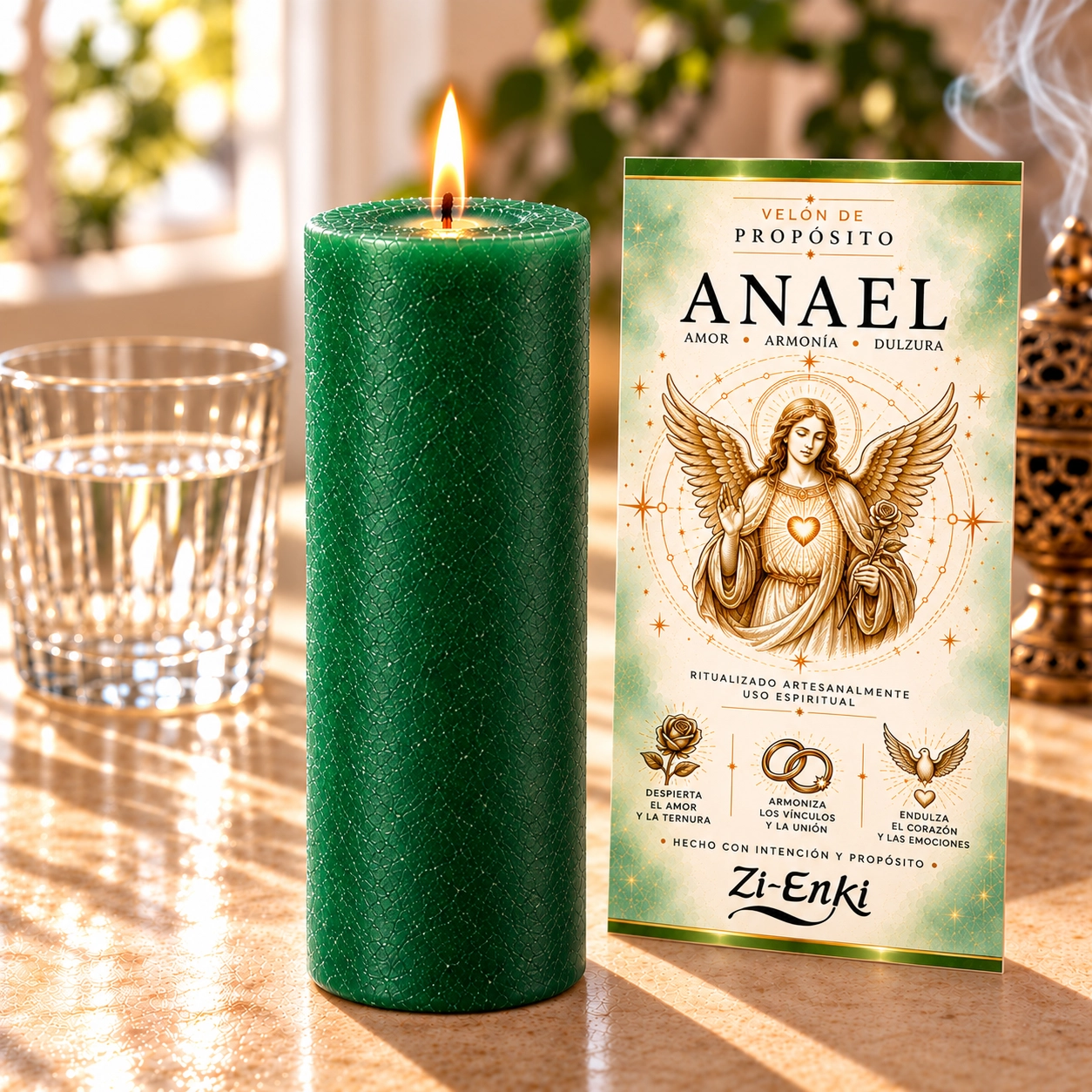 Vela Anael verde con etiqueta celestial-4 Velón de Anael verde con etiqueta ilustrada de amor, armonía y dulzura
