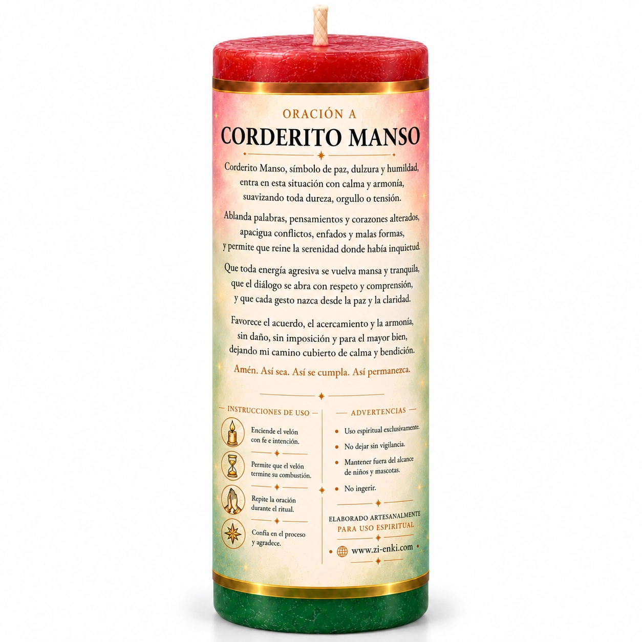 Vela Corderito Manso, reverso devocional-2 Velón rojo y verde Corderito Manso de Zi-Enki con etiqueta ilustrada de un corderito