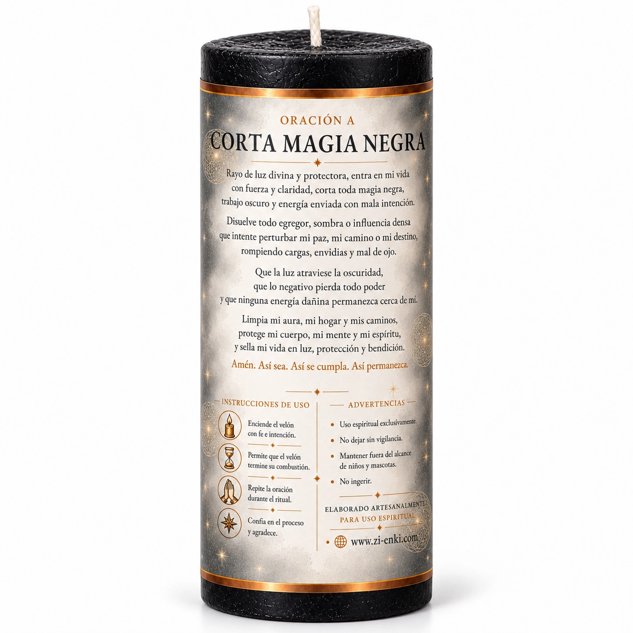 Vela Corta Magia Negra, vista trasera-2 Velón negro Corta Magia Negra de Zi-Enki con etiqueta ilustrada
