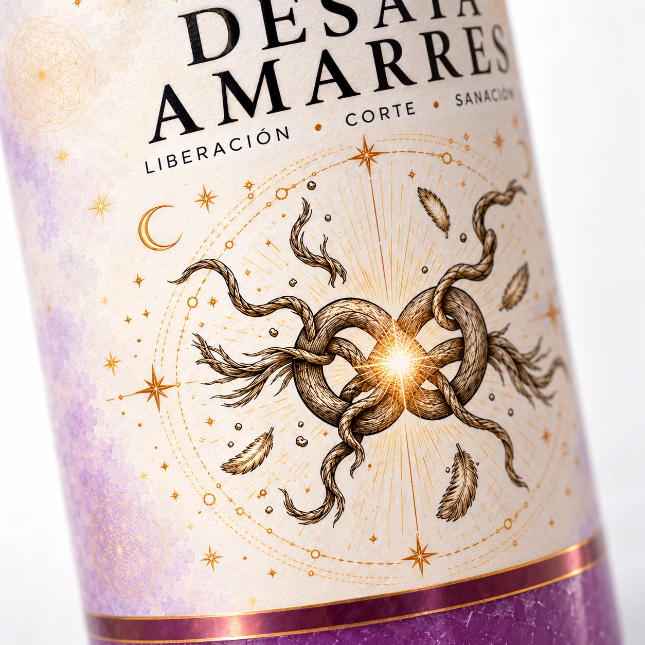 Vela Desata Amarres con resplandor dorado-3 Velón Desata Amarres blanco y morado con etiqueta ilustrada de cuerdas que se desatan