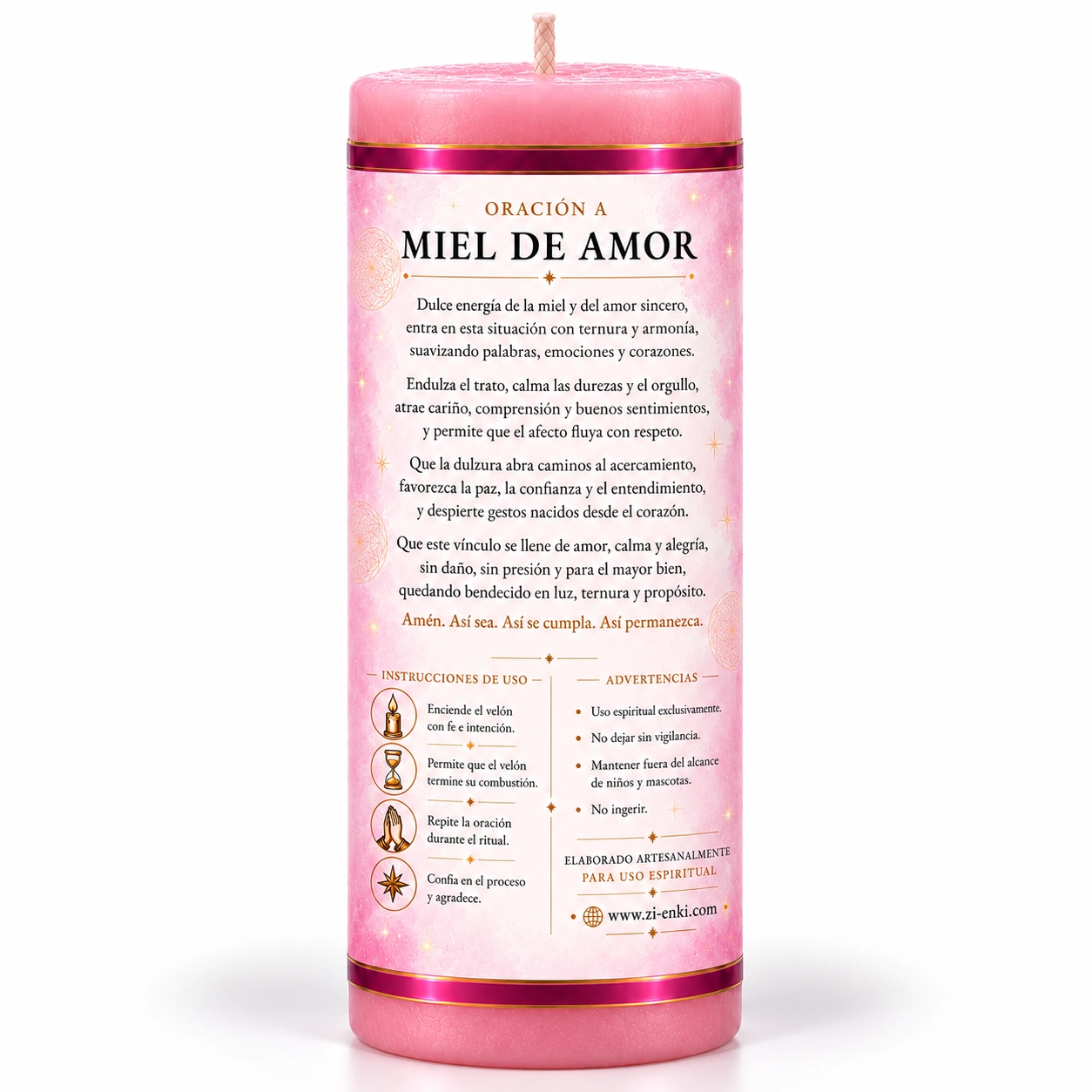 Vela Miel de Amor con oración-2 Velón Miel de Amor de Zi-Enki con su etiqueta original de un tarro de miel, un corazón y rosas