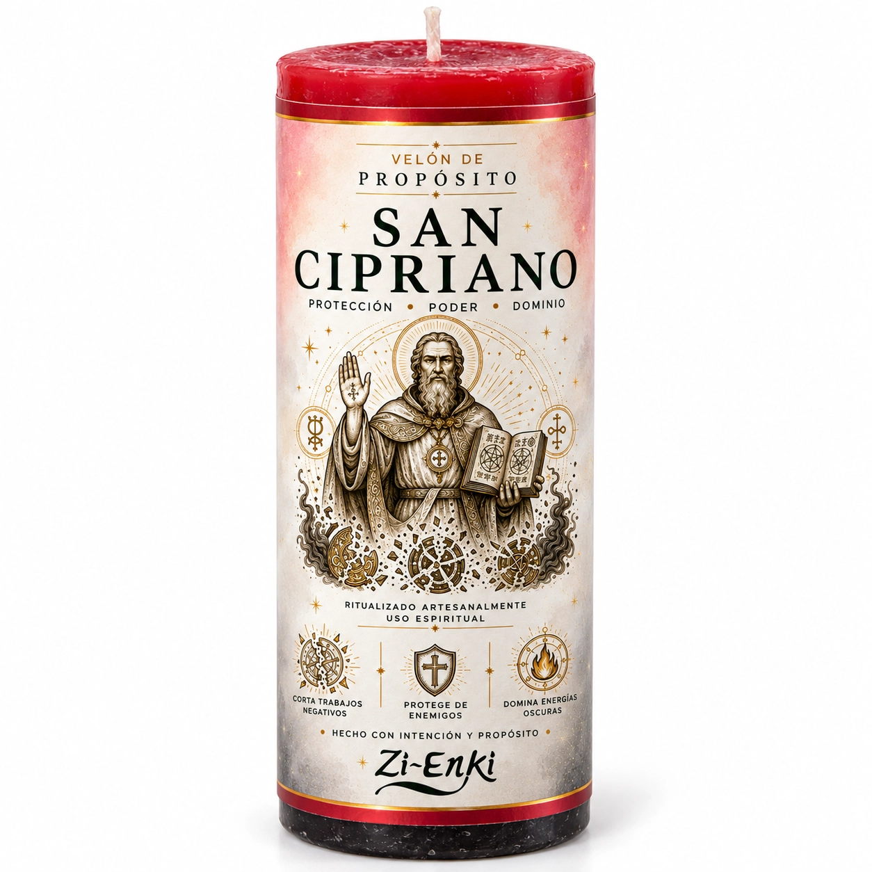 Velón de San Cipriano con cera roja, blanca y negra y etiqueta de Zi-Enki