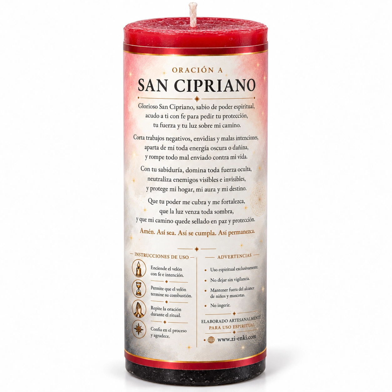 Vela San Cipriano_ reverso con oración-2 Velón de San Cipriano con cera roja, blanca y negra y etiqueta de Zi-Enki