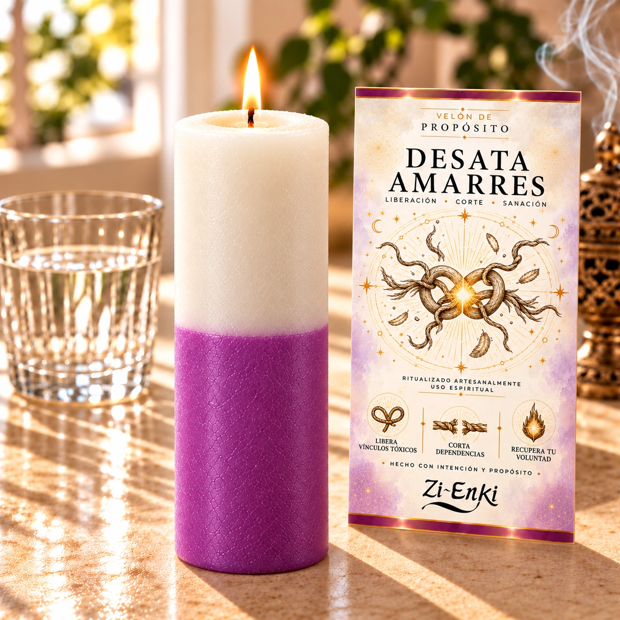 Vela Zi-Enki Desata Amarres bicolor-5 Velón Desata Amarres blanco y morado con etiqueta ilustrada de cuerdas que se desatan