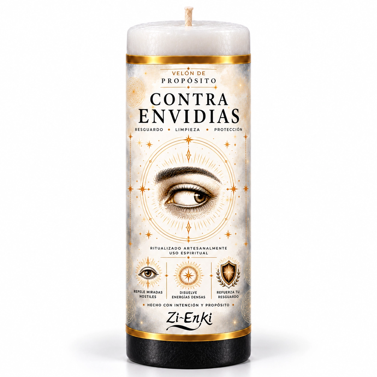 Velón Contra Envidias de Zi-Enki con su etiqueta original de un ojo rodeado de geometría y estrellas