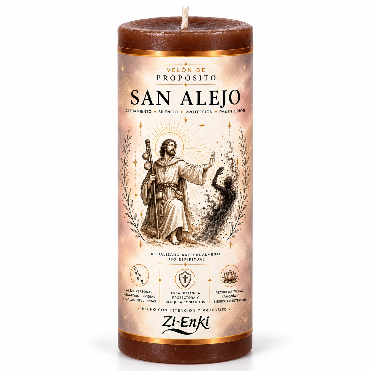 Velón marrón de San Alejo de Zi-Enki con etiqueta ilustrada