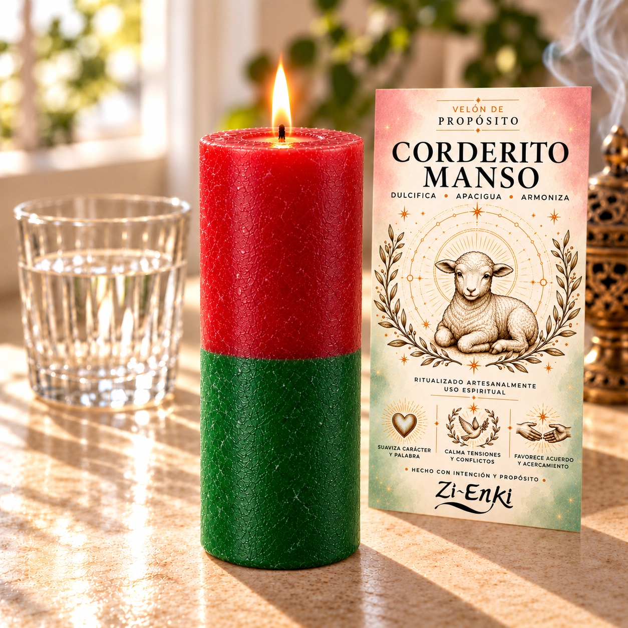 Vela bicolor Corderito Manso-4 Velón rojo y verde Corderito Manso de Zi-Enki con etiqueta ilustrada de un corderito
