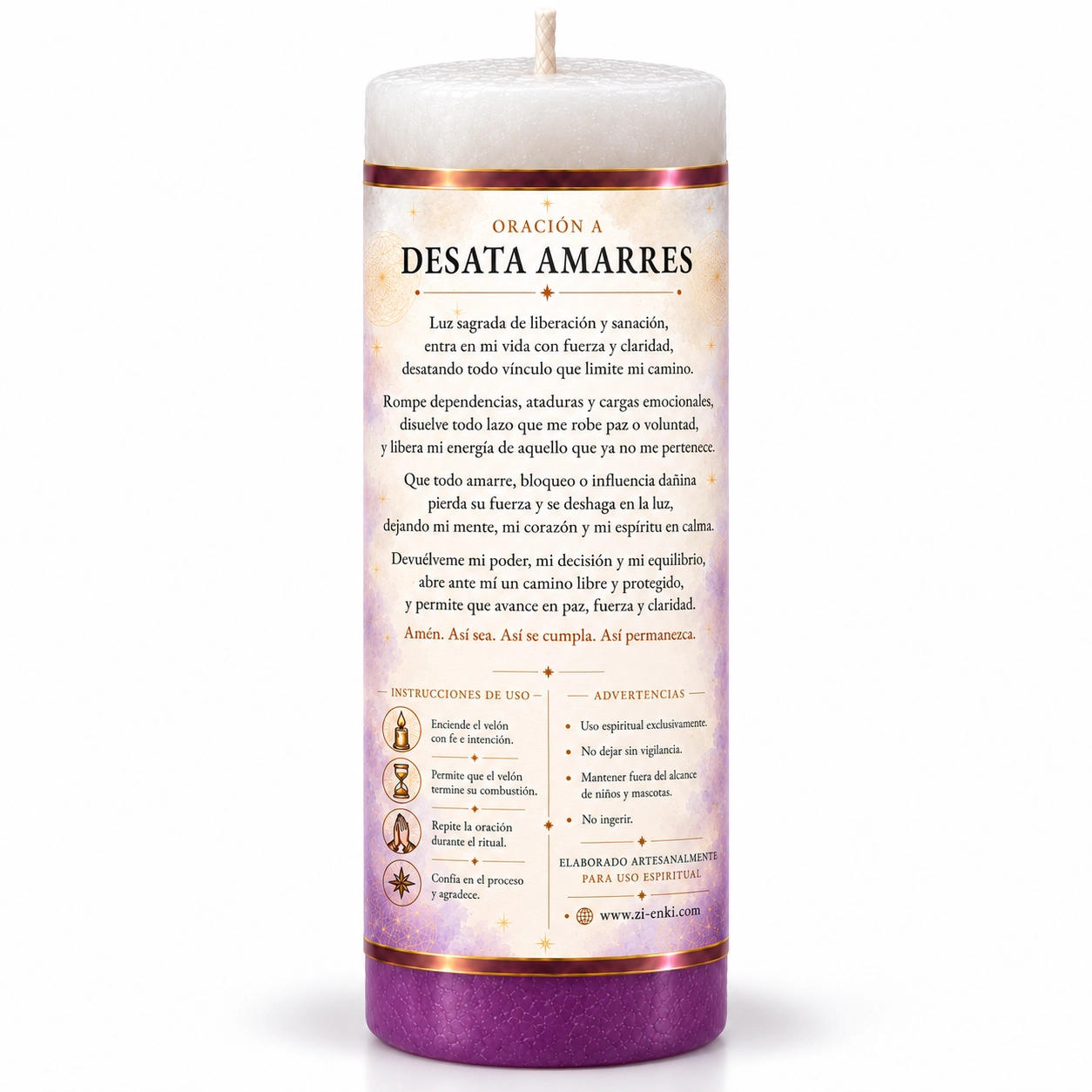Vela bicolor con panel de oración-2 Velón Desata Amarres blanco y morado con etiqueta ilustrada de cuerdas que se desatan