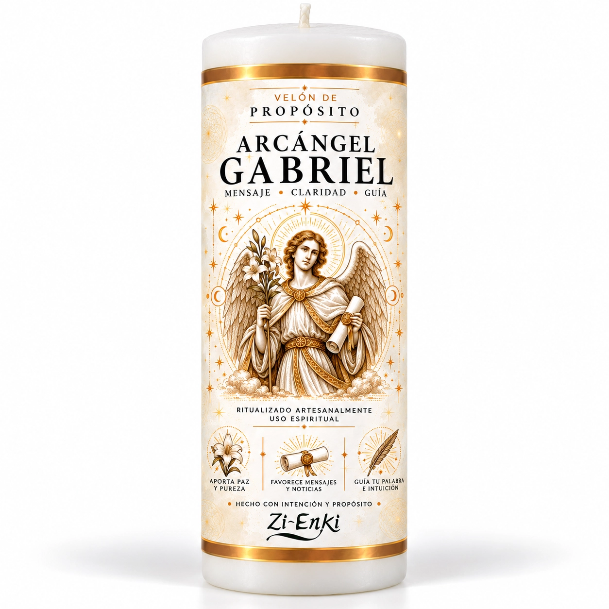 Velón Arcángel Gabriel de Zi-Enki con etiqueta ilustrada del arcángel con lirios y pergamino