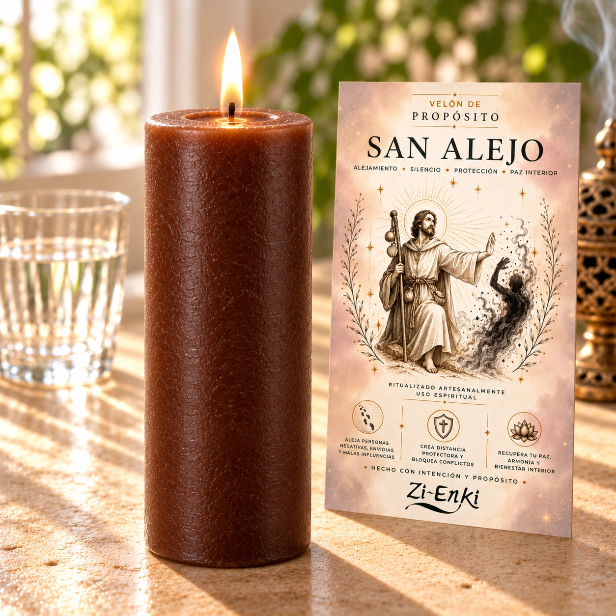 Vela marrón San Alejo con panel impreso-4 Velón marrón de San Alejo de Zi-Enki con etiqueta ilustrada