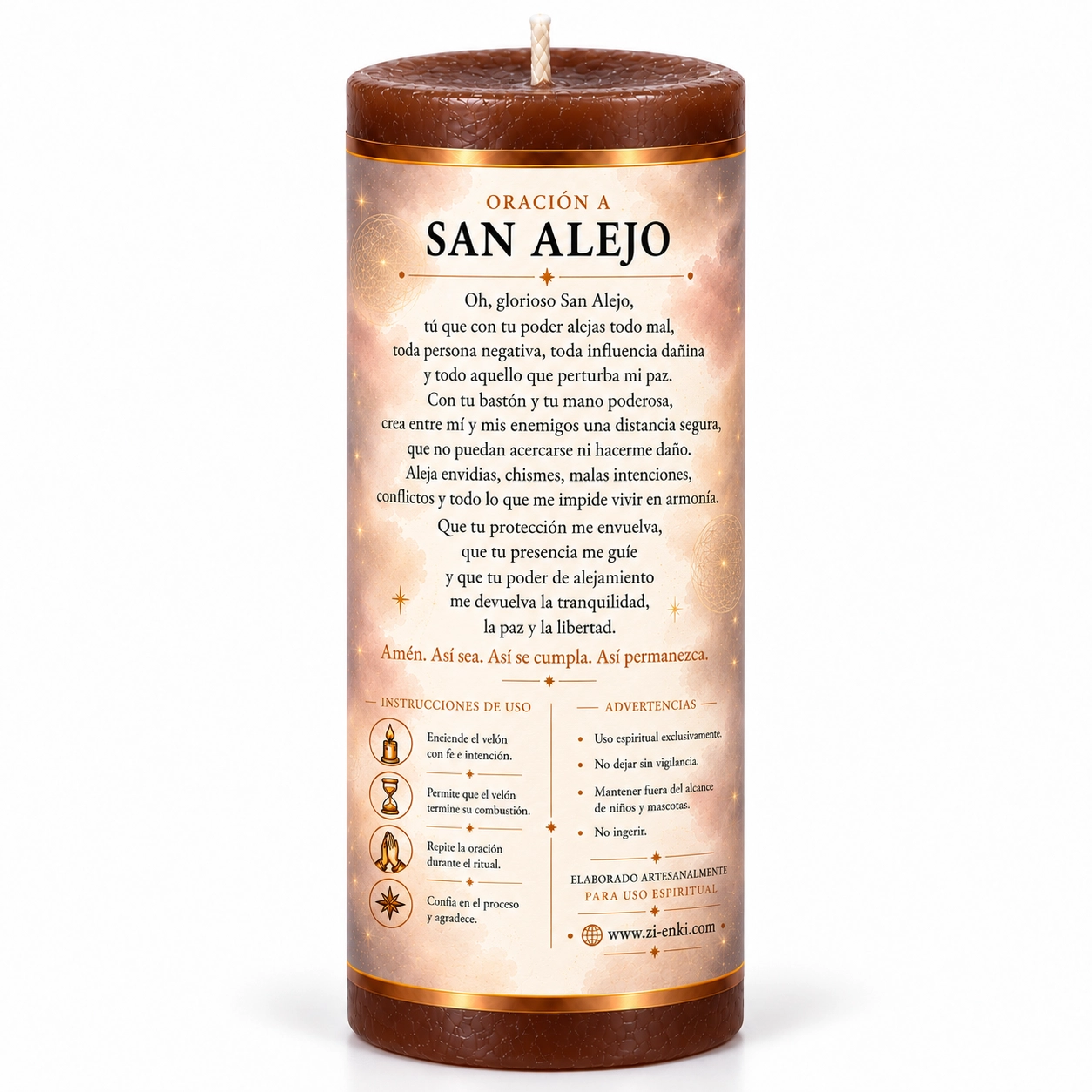 Vela marrón de San Alejo, reverso-2 Velón marrón de San Alejo de Zi-Enki con etiqueta ilustrada