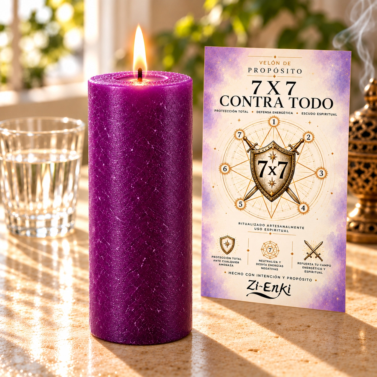 Vela morada 7X7 contra todo-4 Velón morado 7x7 Contra Todo de Zi-Enki con escudo y espadas en la etiqueta