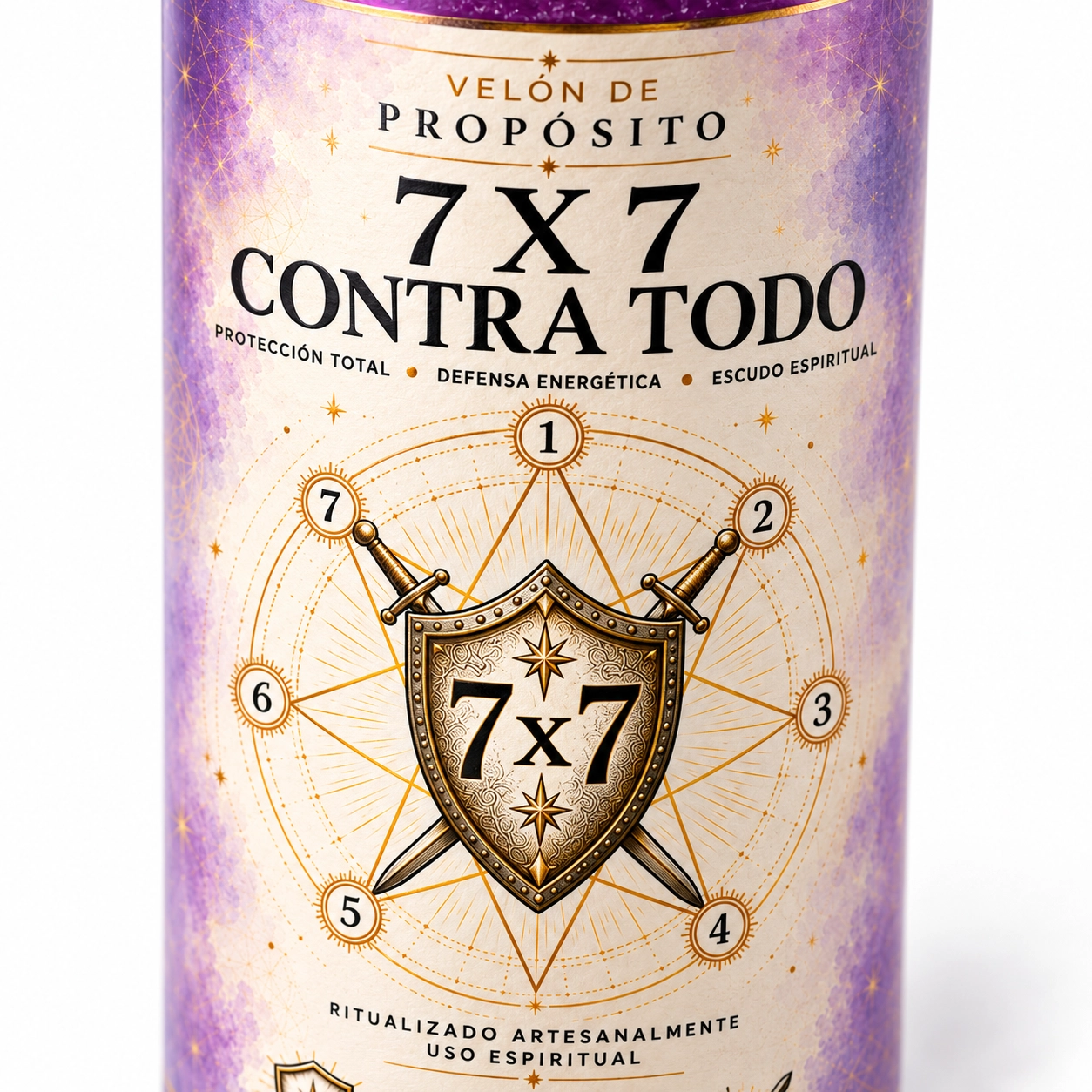Vela morada 7x7 con escudo y espadas-3 Velón morado 7x7 Contra Todo de Zi-Enki con escudo y espadas en la etiqueta