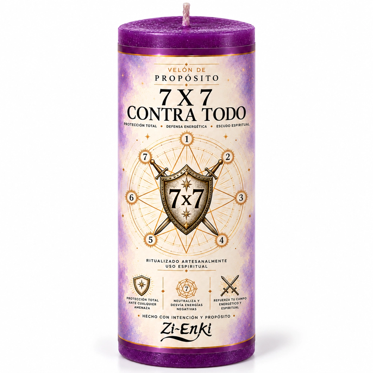Velón morado 7x7 Contra Todo de Zi-Enki con escudo y espadas en la etiqueta