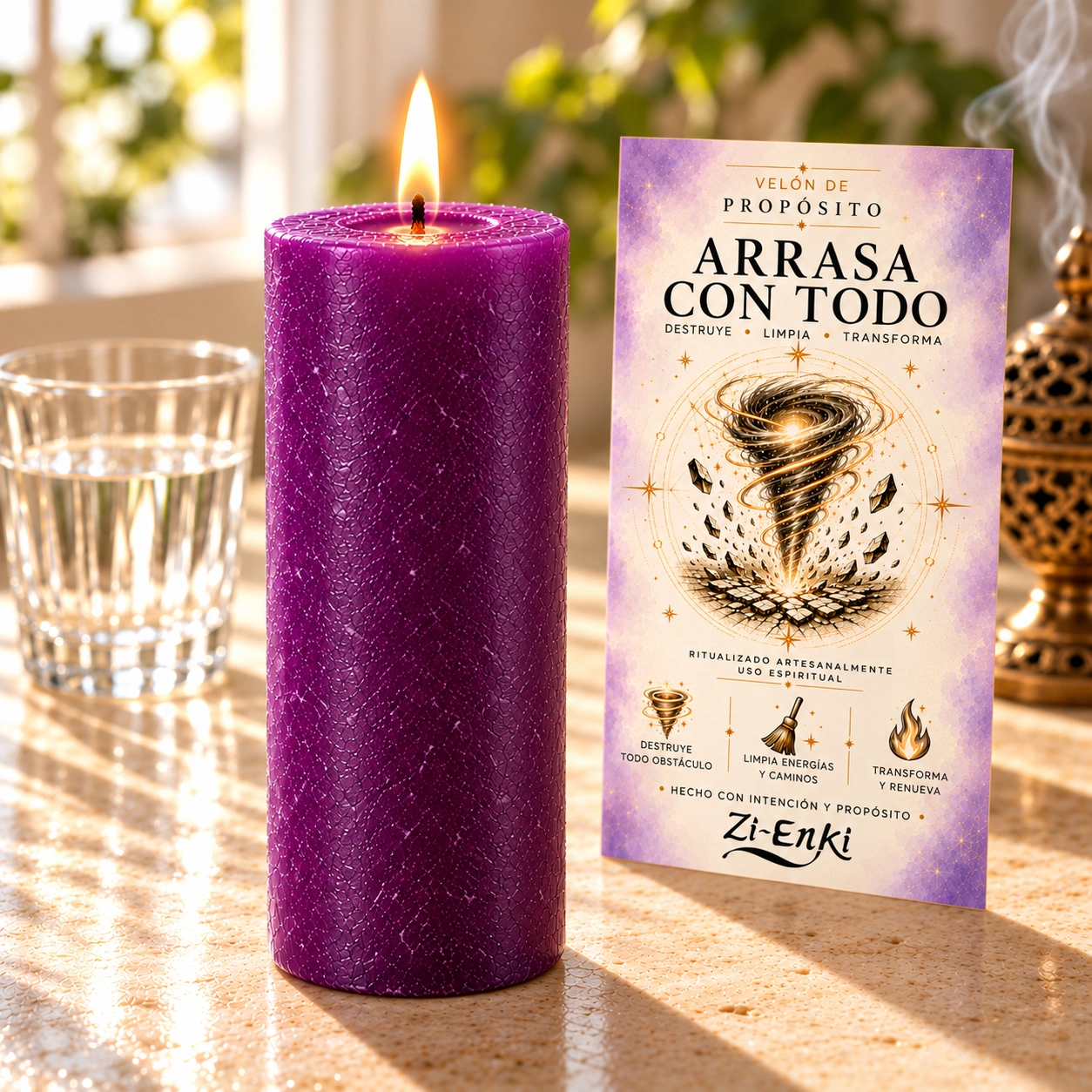 Vela morada Arrasa con todo-4 Velón morado Arrasa con Todo de Zi-Enki con etiqueta ilustrada de un tornado