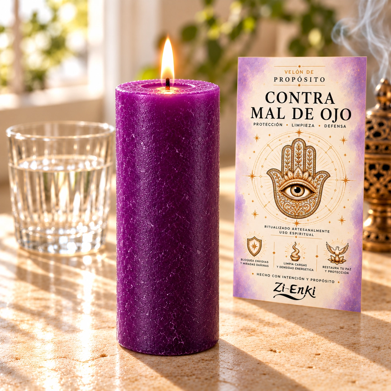 Vela morada con etiqueta Hamsa-4 Velón morado Contra Mal de Ojo de Zi-Enki con mano protectora y ojo central