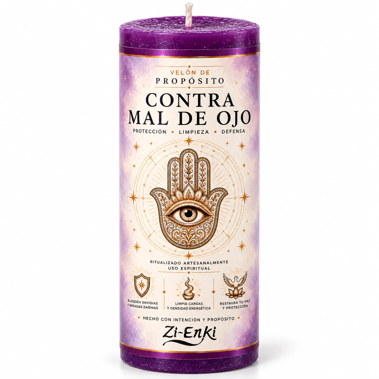 Velón morado Contra Mal de Ojo de Zi-Enki con mano protectora y ojo central
