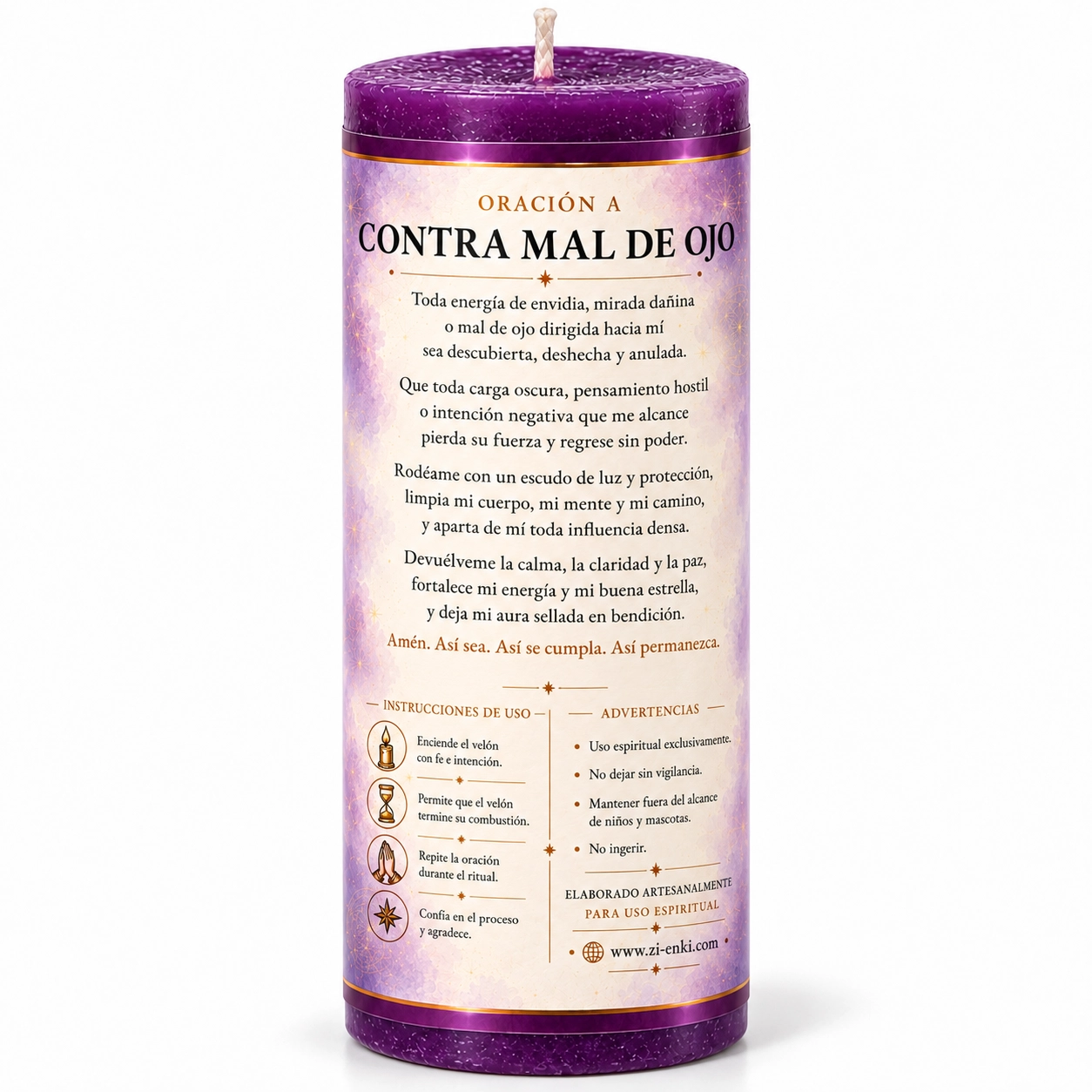 Vela morada, oración y etiqueta trasera-2 Velón morado Contra Mal de Ojo de Zi-Enki con mano protectora y ojo central