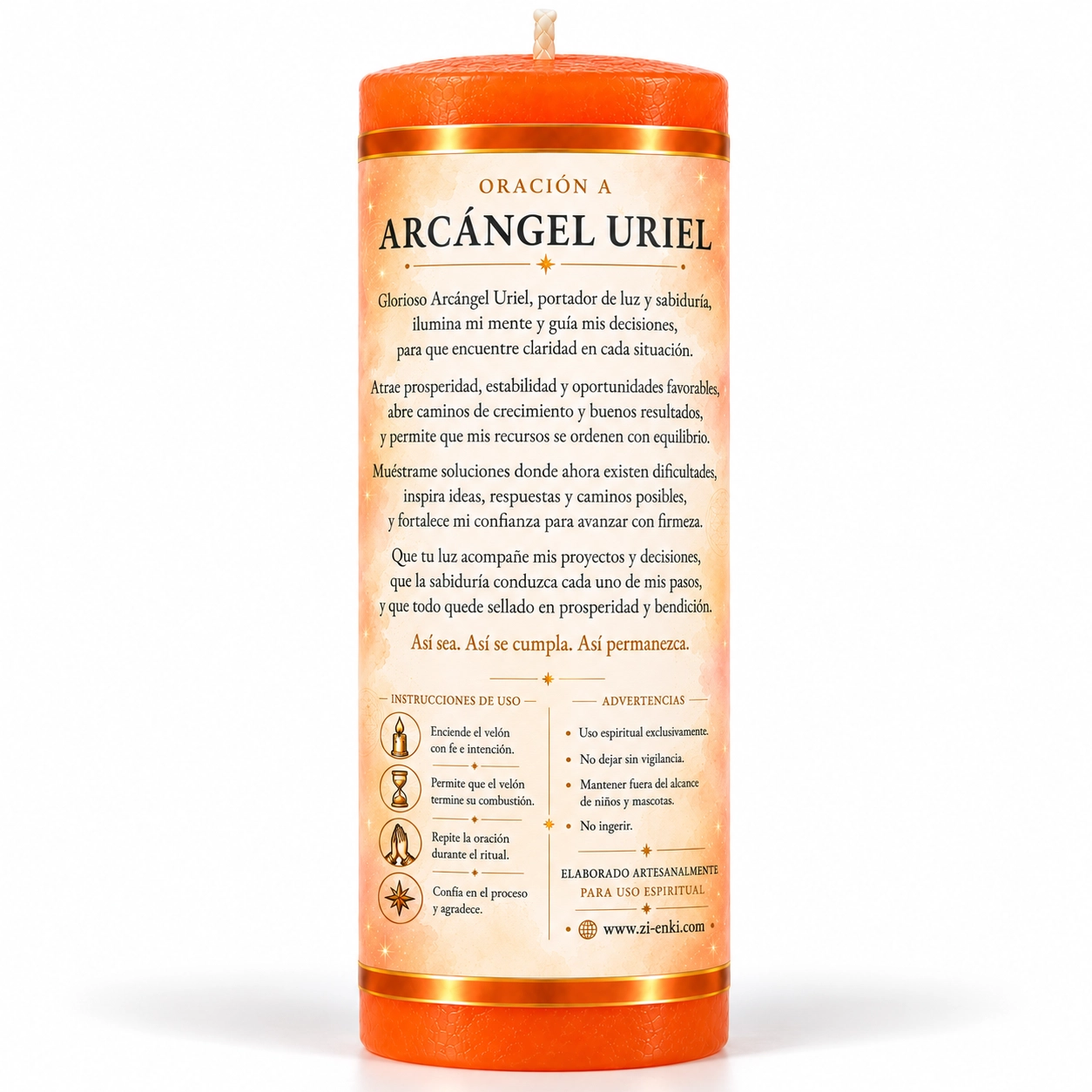 Velón Arcángel Uriel – Zi-Enki Velón Arcángel Uriel de Zi-Enki con etiqueta ilustrada del arcángel con antorcha y libro abierto