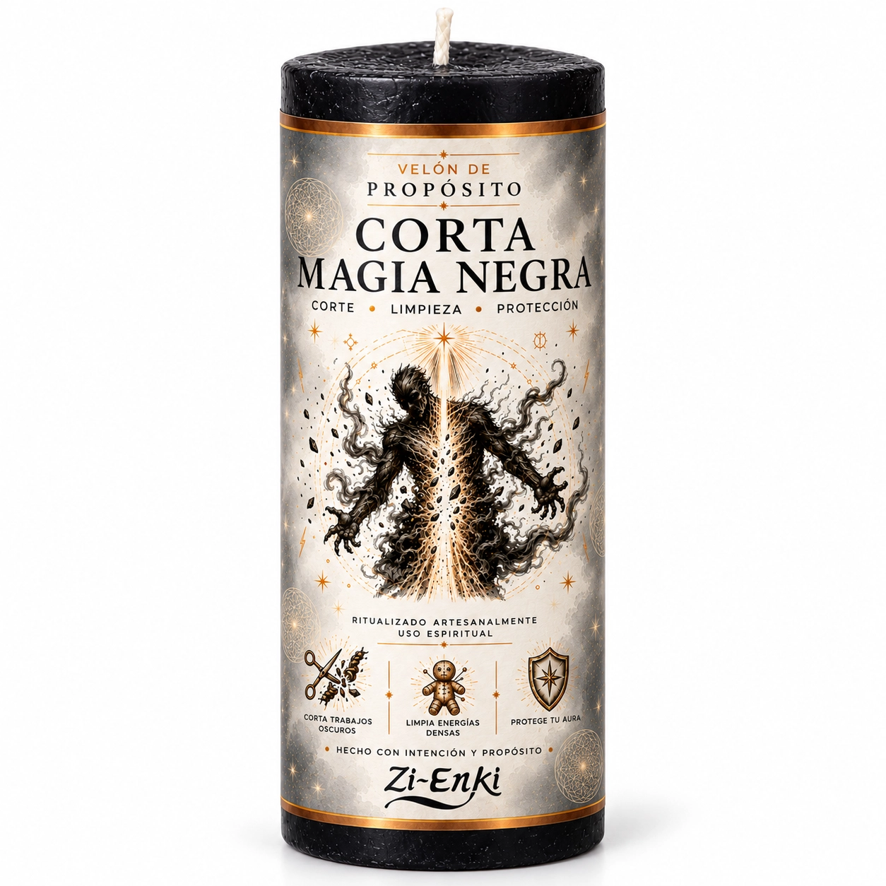 Velón negro Corta Magia Negra de Zi-Enki con etiqueta ilustrada
