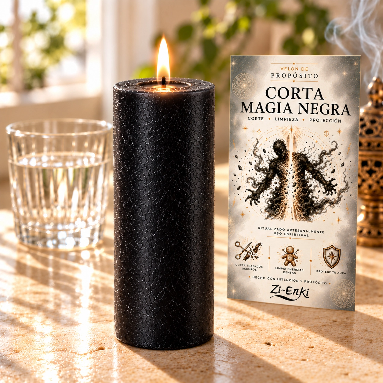 Vela negra Corta Magia Negra-4 Velón negro Corta Magia Negra de Zi-Enki con etiqueta ilustrada