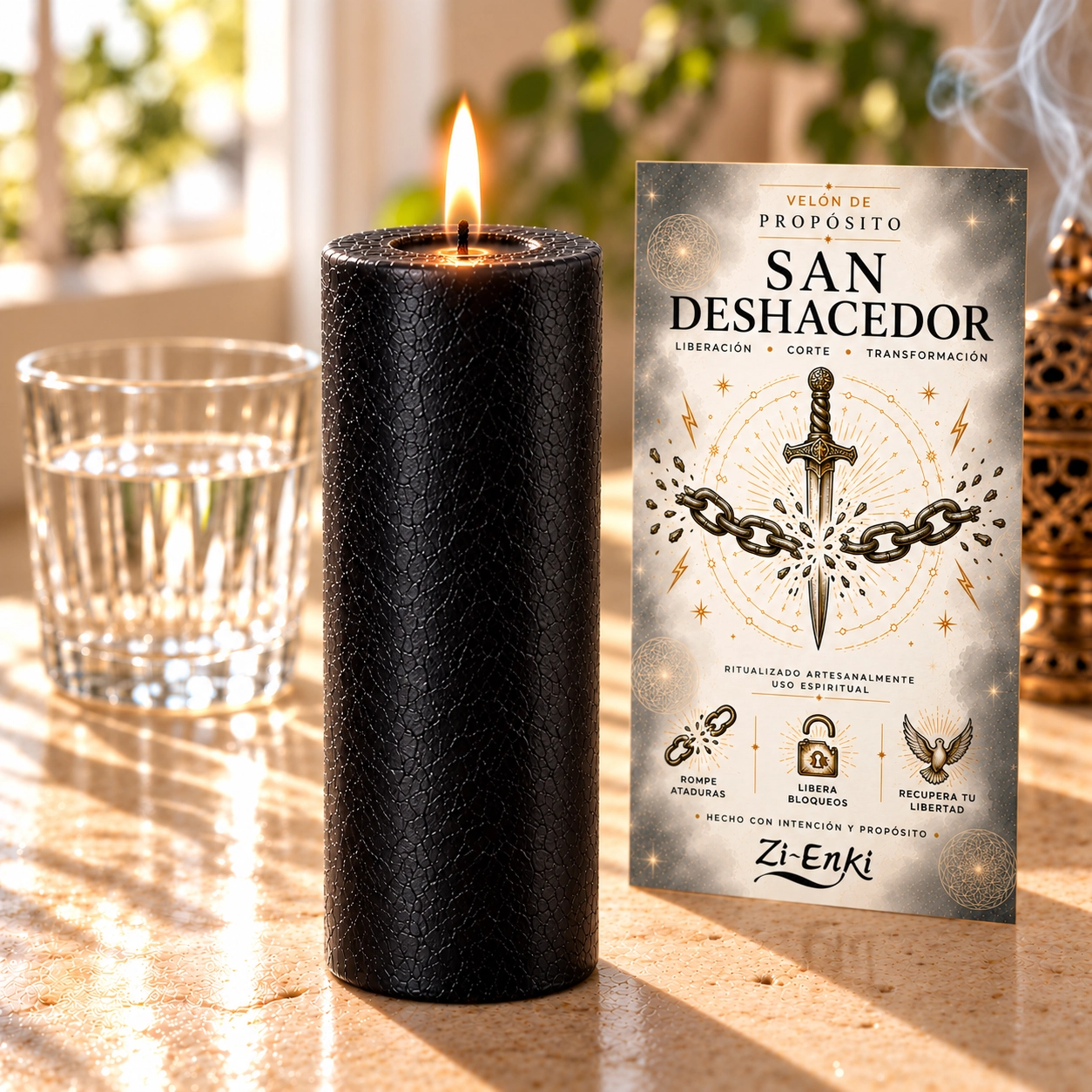 Vela negra San Deshacedor con panel-4 Velón negro de San Deshacedor de Zi-Enki con una espada rompiendo cadenas en la etiqueta