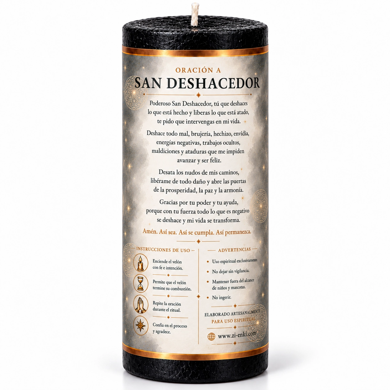 Vela negra San Deshacedor, reverso-2 Velón negro de San Deshacedor de Zi-Enki con una espada rompiendo cadenas en la etiqueta