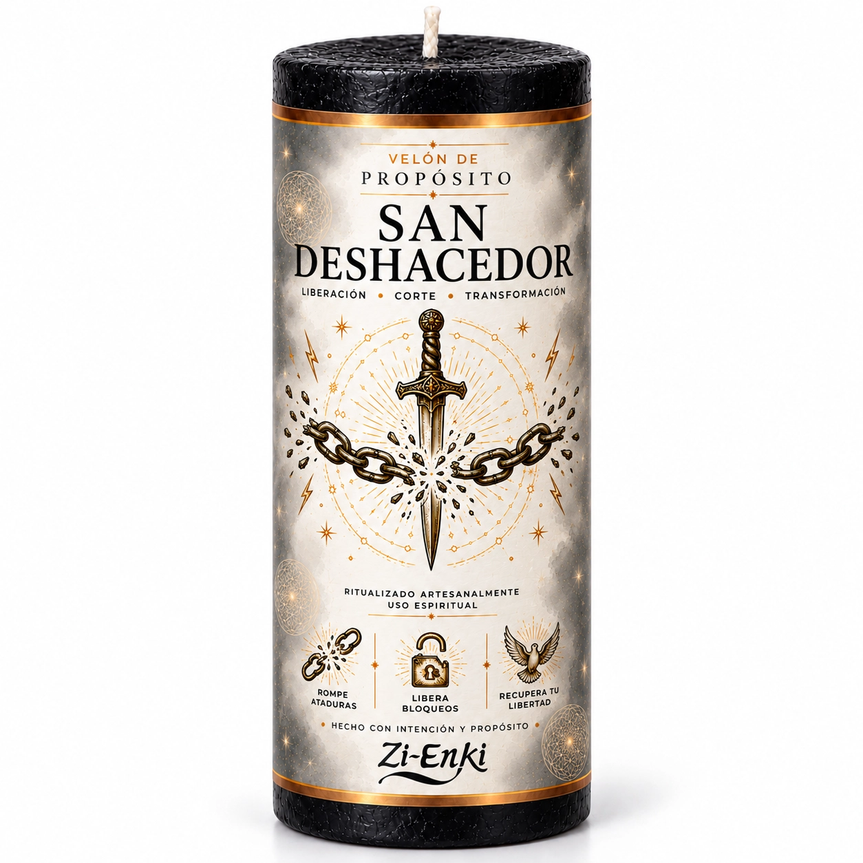 Velón negro de San Deshacedor de Zi-Enki con una espada rompiendo cadenas en la etiqueta
