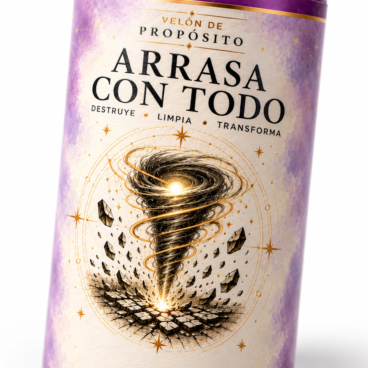 Vela púrpura Arrasa con todo en macro-3 Velón morado Arrasa con Todo de Zi-Enki con etiqueta ilustrada de un tornado