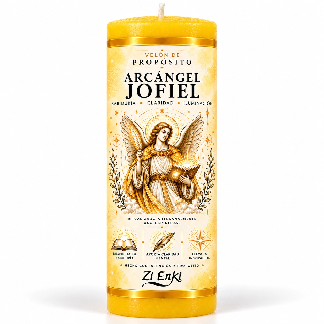 Velón Arcángel Jofiel de Zi-Enki con etiqueta ilustrada del arcángel con pluma y libro luminoso