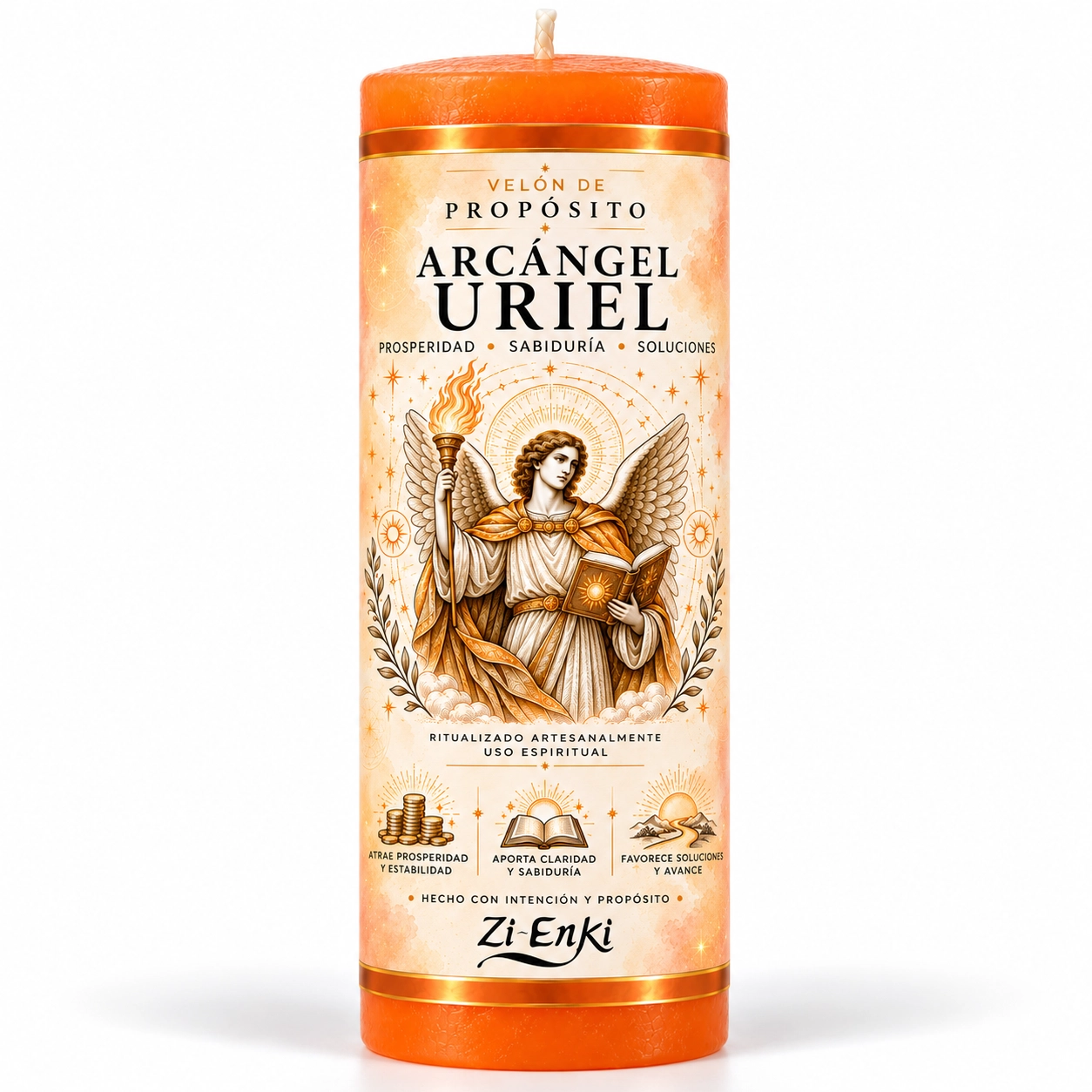 Velón Arcángel Uriel de Zi-Enki con etiqueta ilustrada del arcángel con antorcha y libro abierto