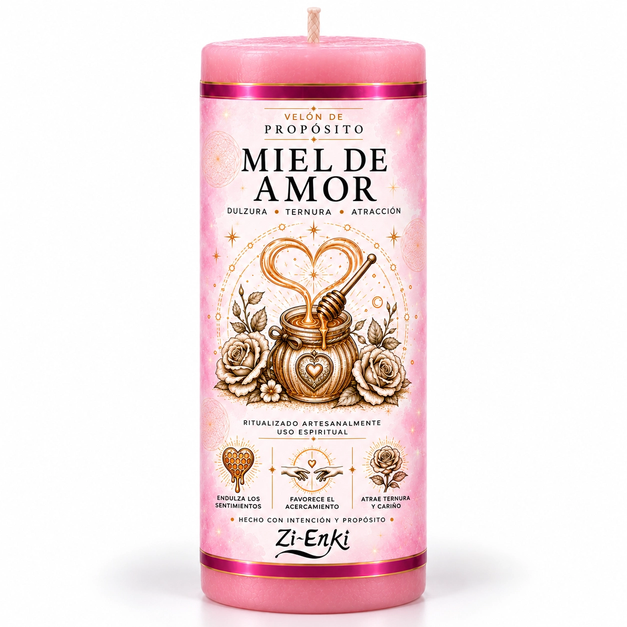 Velón Miel de Amor de Zi-Enki con su etiqueta original de un tarro de miel, un corazón y rosas