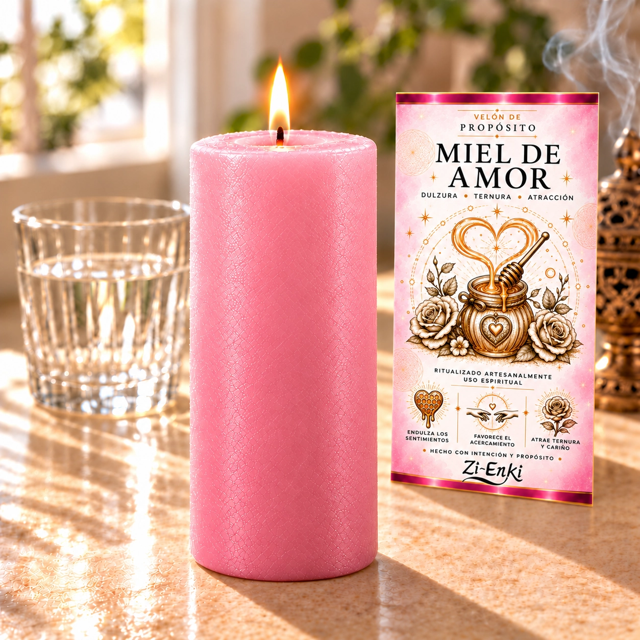 Vela rosa Miel de Amor con etiqueta-4 Velón Miel de Amor de Zi-Enki con su etiqueta original de un tarro de miel, un corazón y rosas