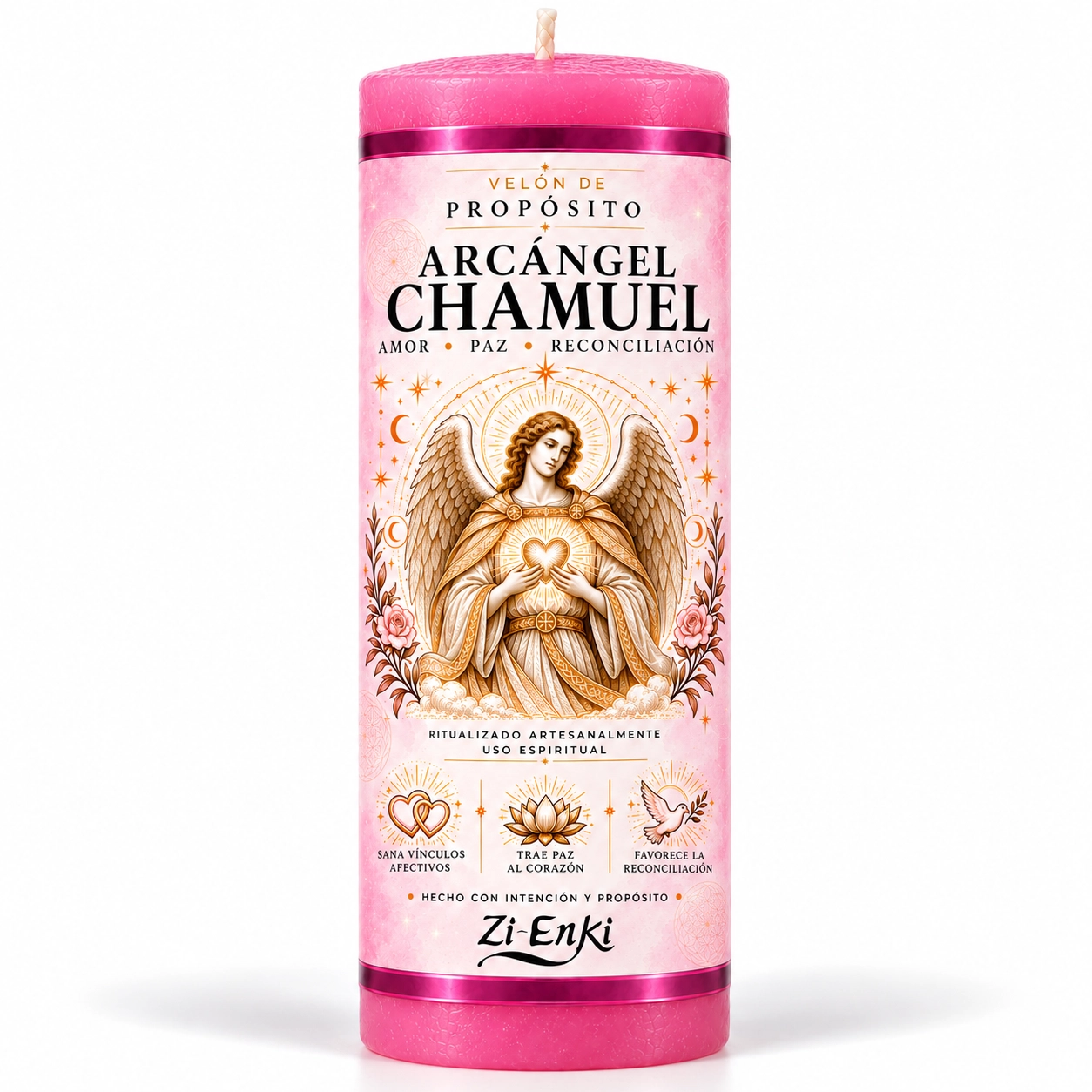 Velón Arcángel Chamuel de Zi-Enki con etiqueta ilustrada del arcángel sosteniendo un corazón luminoso