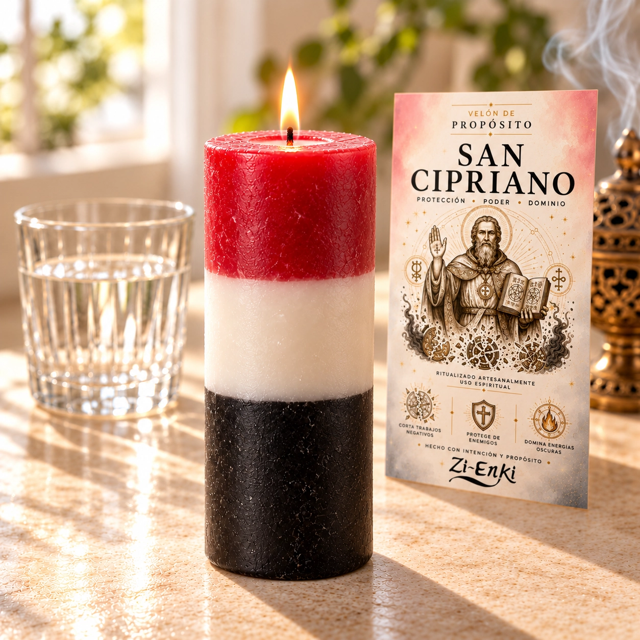Vela tricolor de San Cipriano-4 Velón de San Cipriano con cera roja, blanca y negra y etiqueta de Zi-Enki