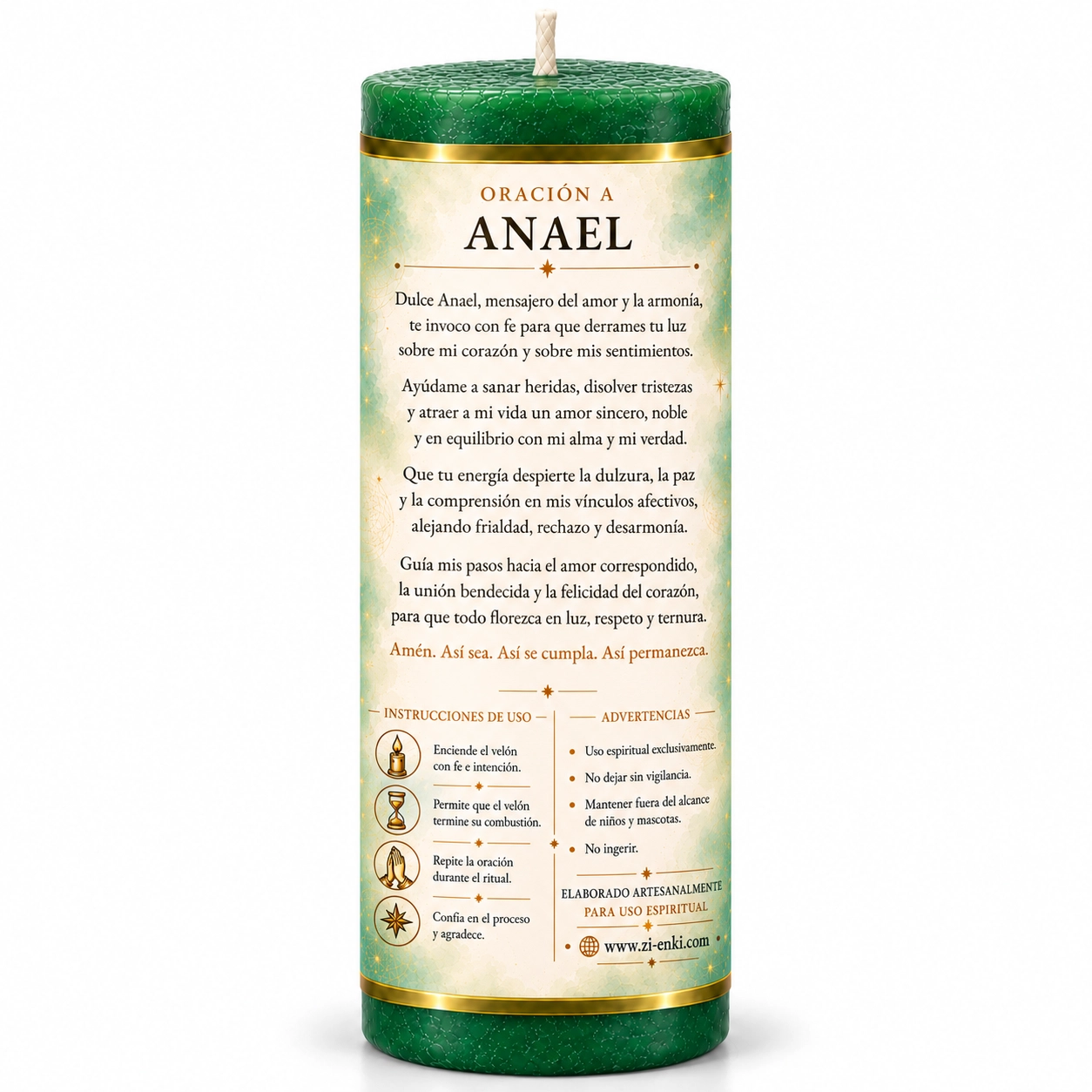 Vela verde Anael con oración trasera-2 Velón de Anael verde con etiqueta ilustrada de amor, armonía y dulzura