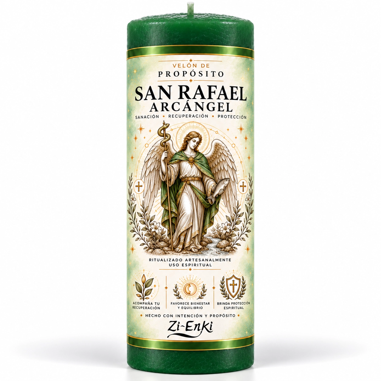 Velón San Rafael Arcángel de Zi-Enki con etiqueta ilustrada del arcángel con báculo y pez