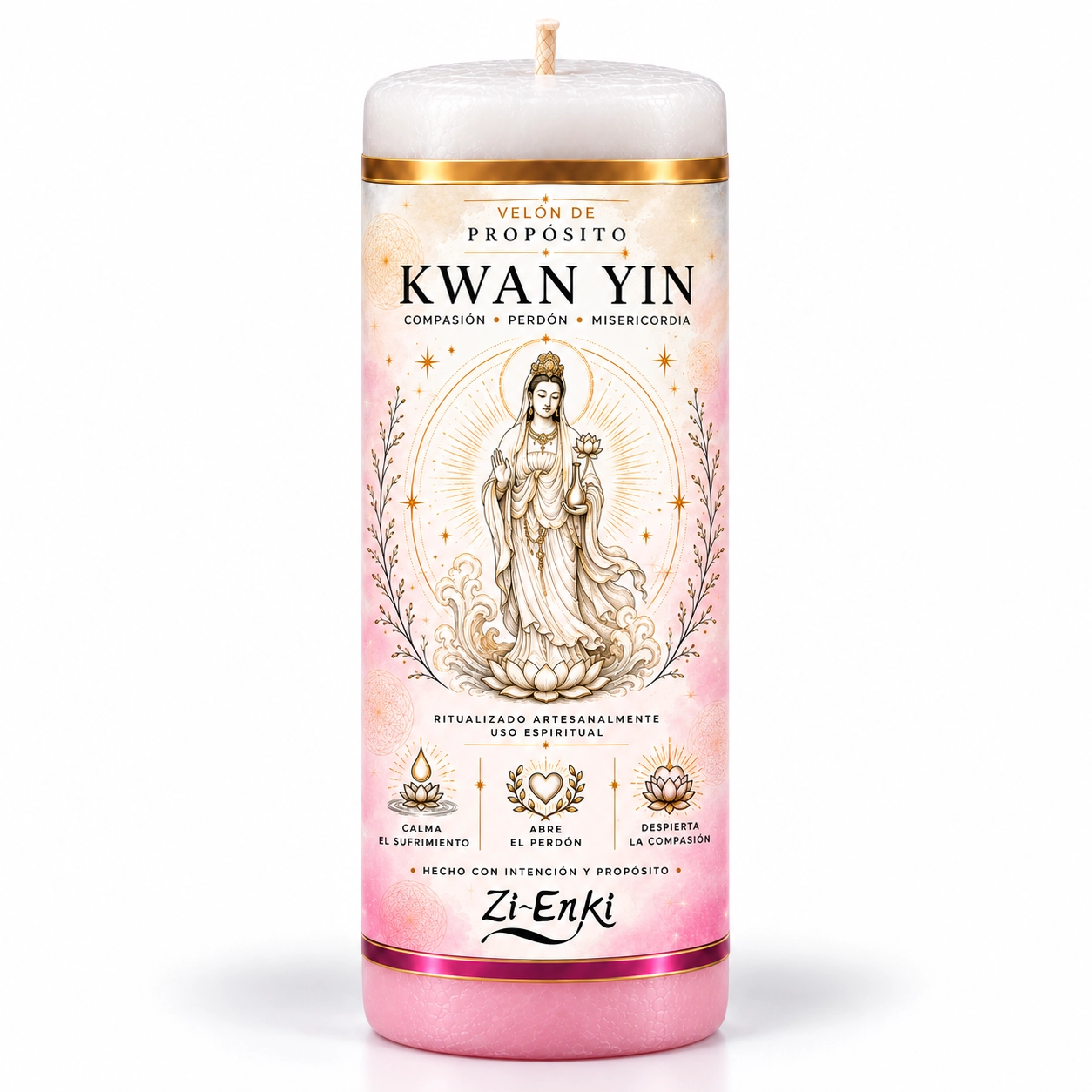 Velón Kwan Yin de Zi-Enki con su etiqueta original de Kwan Yin sobre una flor de loto